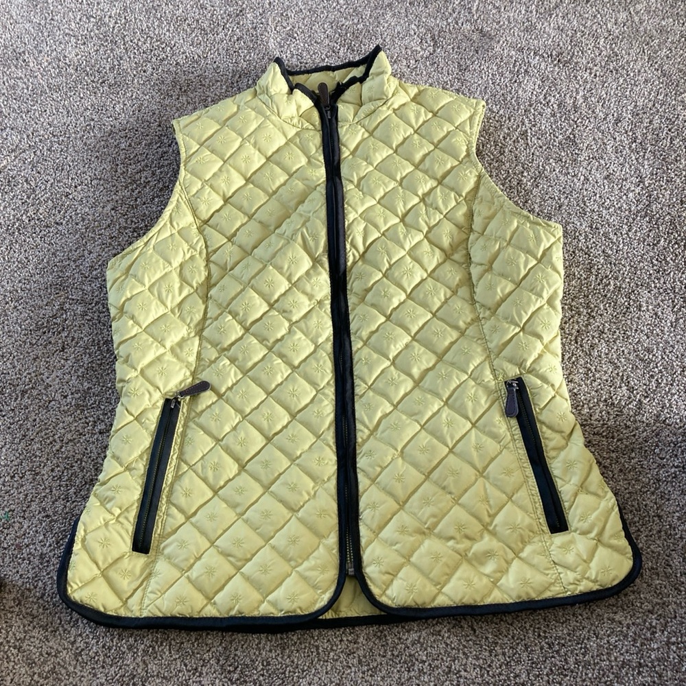 Eddie Bauer Women's Vest Medium Tall Goose DownEmbroidered Lt Green Black Trim